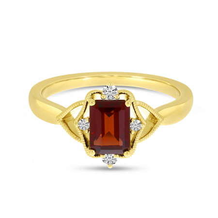 14K Yellow Gold Garnet Semi Emerald-Cut Millgrain Halo Ring