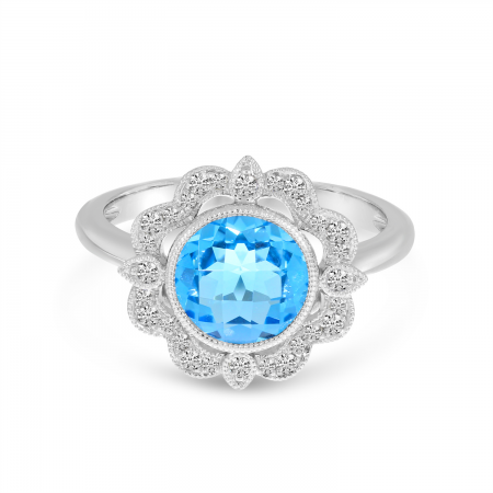 14K White Gold Round Blue Topaz Millgrain Diamond Ring