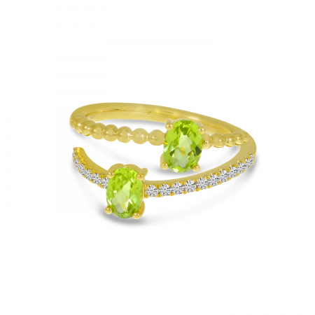 14K Yellow Gold Oval Peridot Bypass Princess Cut Duo Ring