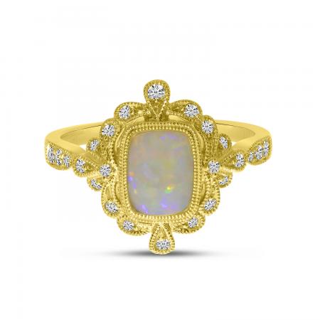 14K Yellow Gold Opal Cushion with Diamond Milgrain Ring