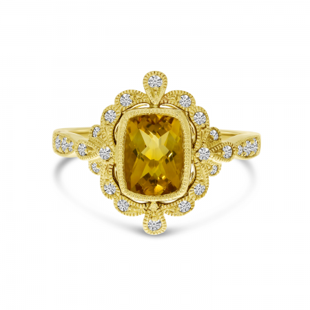 14K Yellow Gold Citrine Cushion Ornate Diamond Millgrain Ring