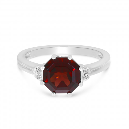 14K White Gold Garnet Octagon & Diamond Half Moon Ring