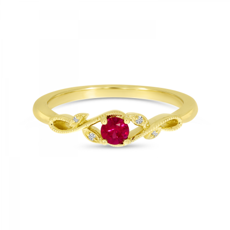 14K Yellow Gold Round Ruby Millgrain Leaf Ring