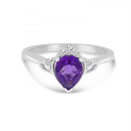 14K White Gold Amethyst Pear Millgrain Ring