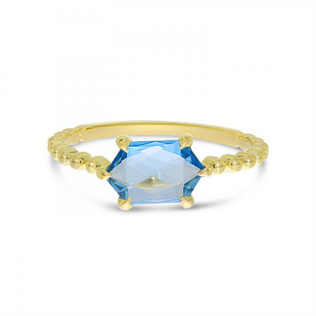 14K Yellow Gold Hexagon Blue Topaz Beaded Ring