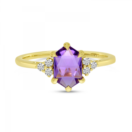 14K Yellow Gold Hexagon Amethyst & Diamond Ring