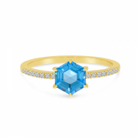 14K Yellow Gold Blue Topaz Semi Hexagon Diamond Band Ring