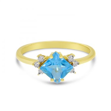 14K Yellow Gold Blue Topaz Princess Cut & Diamond Ring