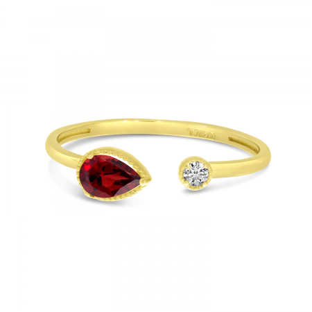 14K Yellow Gold Pear Garnet Birthstone & Diamond Open Duo Ring