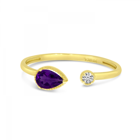 14K Yellow Gold Pear Amethyst Birthstone & Diamond Open Duo Ring