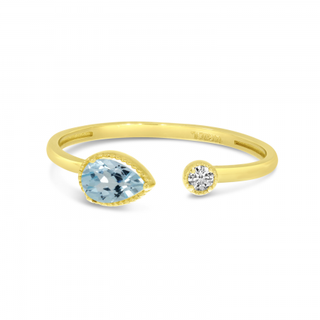 14K Yellow Gold Pear Aquamarine Birthstone & Diamond Open Duo Ring