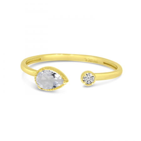 14K Yellow Gold Pear White Topaz Birthstone & Diamond Open Duo Ring