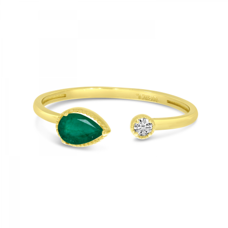 14K Yellow Gold Pear Emerald Birthstone & Diamond Open Duo Ring