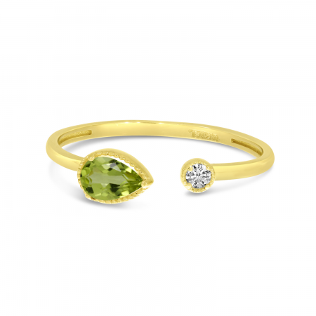 14K Yellow Gold Pear Peridot Birthstone & Diamond Open Duo Ring