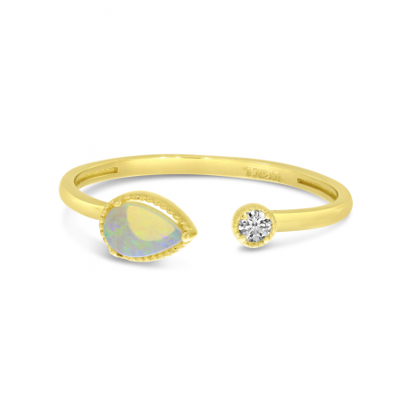 14K Yellow Gold Pear Opal Birthstone & Diamond Open Duo Ring