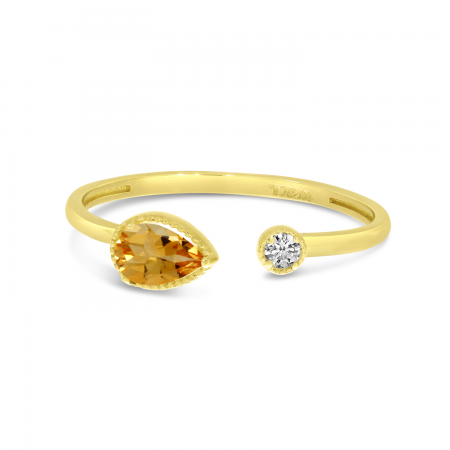 14K Yellow Gold Pear Citrine Birthstone & Diamond Open Duo Ring
