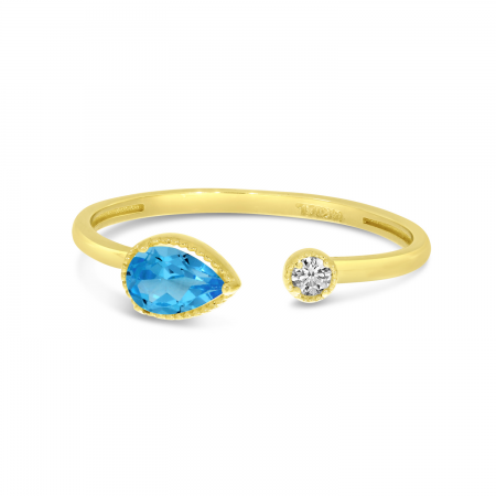 14K Yellow Gold Pear Blue Topaz Birthstone & Diamond Open Duo Ring