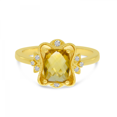 14K Yellow Gold Cushion-Cut Citrine Diamond Millgrain Ring