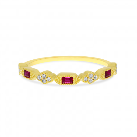 14K Yellow Gold Emerald-Cut Ruby & Diamond Stackable Ring