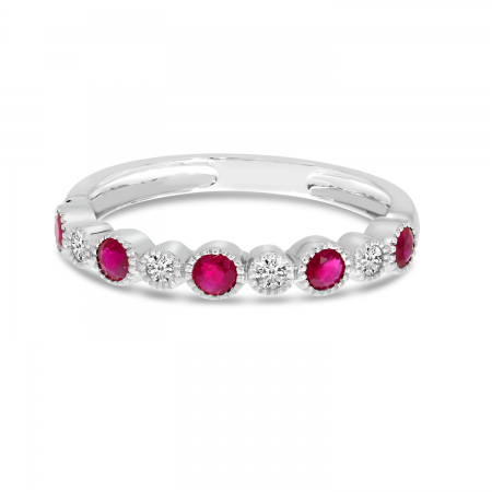 14K White Gold Round Ruby & Diamond Stackable Ring
