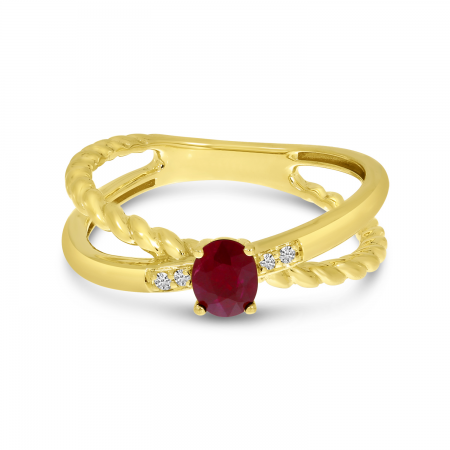 14K Yellow Gold Oval Ruby & Diamond Crossover Ring