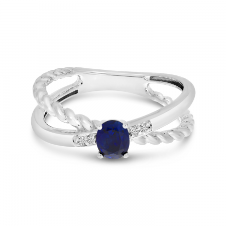 14K White Gold Oval Sapphire & Diamond Crossover Ring