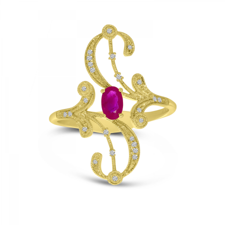 14K Yellow Gold Diamond & Oval Ruby Swirl Filigree Ring