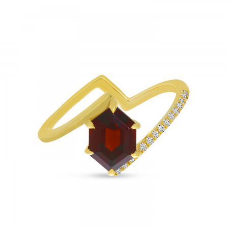 14K Yellow Gold Semi Hexagon Garnet Cut Half Band Ring