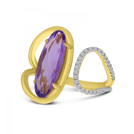 14K Yellow Gold Long Oval Amethyst and Diamond Swirl Semi Precious Ring