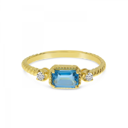 14K Yellow Gold Emerald Cut Blue topaz and Diamond Twist Band Ring
