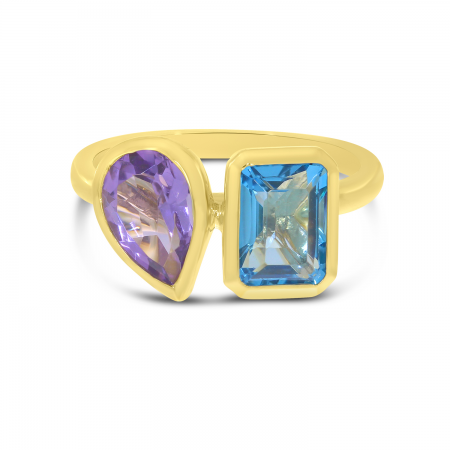 14K Yellow Gold Emerald Cut Blue Topaz and Pear Amethyst Semi Precious Duo Ring