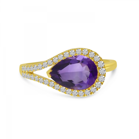 14K Yellow Gold Amethyst East to West Pear Cut Diamond Halo Amethyst Ring