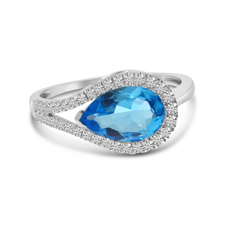 14K White Gold Semi-Precious Blue Topaz East to West Pear Diamond Halo Ring