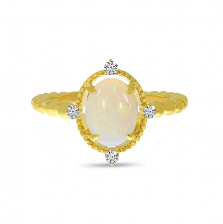 14K Yellow Gold Opal and Diamond Beaded Band Ring