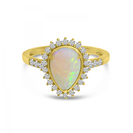 14K Yellow Gold Opal Pear Ring with Diamond Halo 