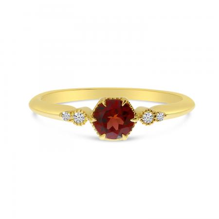 14K Yellow Gold 4mm Garnet & Diamond Milgrain Semi Preicous Hexagon Ring