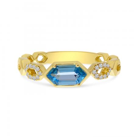 14K Yellow Gold Hexagon Blue Topaz and Diamond Chain Ring