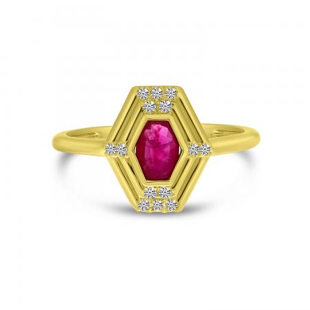14K Yellow Gold Oval Ruby Precious Hexagon Art Deco Ring