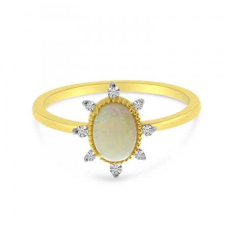 14K Yellow Gold Oval Opal with Diamond Halo Ring