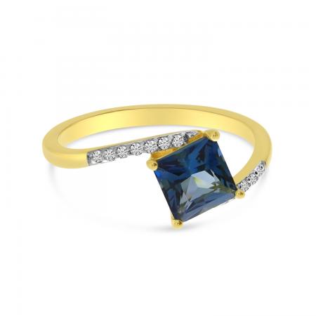 14K Yellow Gold Princess Blue Topaz and Diamond Ring