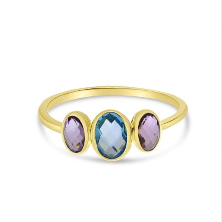 14K Yellow Gold Triple Oval Amethyst and Blue Topaz Bezel Set Ring