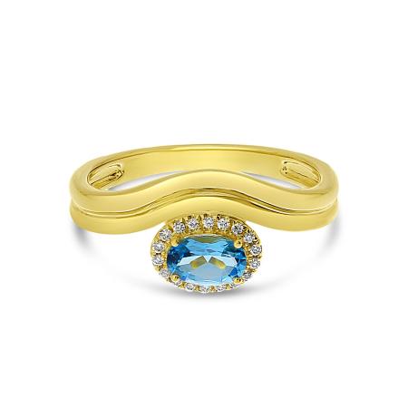 14K Yellow Gold Oval Blue Topaz and Diamond Wave Ring