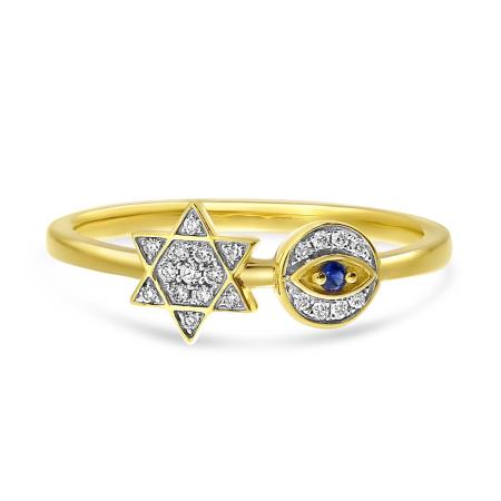 14K Yellow Gold Diamond Star and Evil Eye with Sapphire Precious Ring