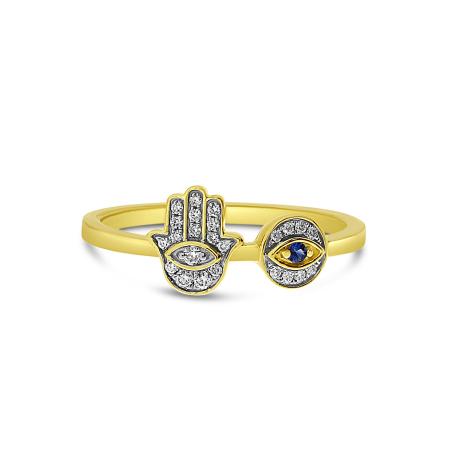 14K Yellow Gold Diamond Hamsa and Evil Eye with Sapphire Precious Ring