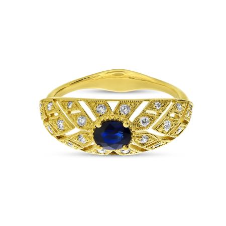 14K Yellow Gold Oval Sapphire and Diamond Art Deco Precious Ring