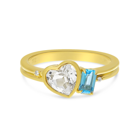 14K Yellow Gold Duo Heart Shape White Topaz and Octagon Blue Topaz Ring