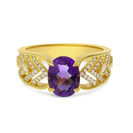 14K Yellow Gold Amethyst and Diamond Chevron Ring
