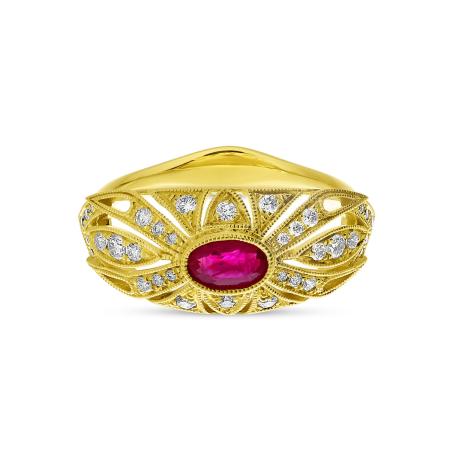 14K Yellow Gold Oval Ruby and Diamond Art Deco Precious Ring
