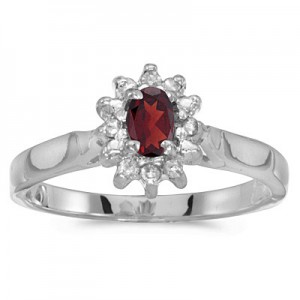 10k White Gold Oval Garnet And Diamond Ring