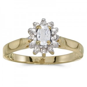 14k Yellow Gold Oval White Topaz And Diamond Ring